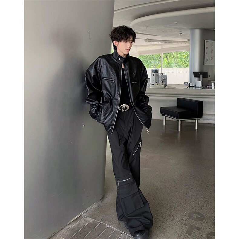秋季美式复古潮牌拉链工装古着感PU皮衣夹克外套男女JK85511-P73,男装夹克,星座1008
