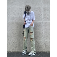 现货夏季修身vibe美式高街破洞黄泥染拉链牛仔裤男K822-K823-P55，男装牛仔裤，星座205