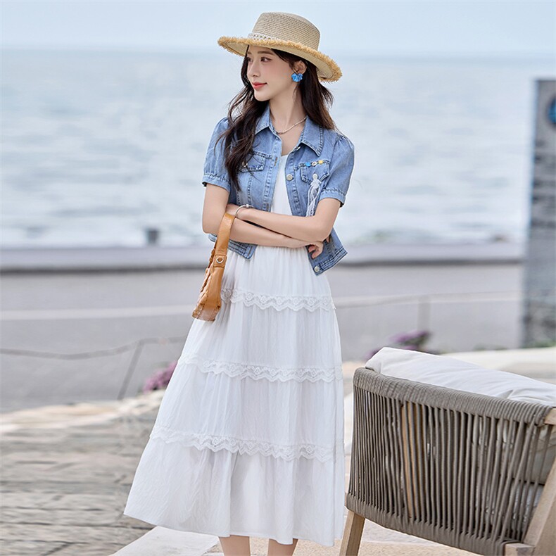薄款牛仔短袖外套女连衣裙套装2025夏设计感中长款吊带裙子两件套,商品下架区,贝蕾酷儿