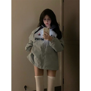 美式甜酷风简约通勤字母刺绣棉服外套女冬季宽松撞色立领保暖棉衣