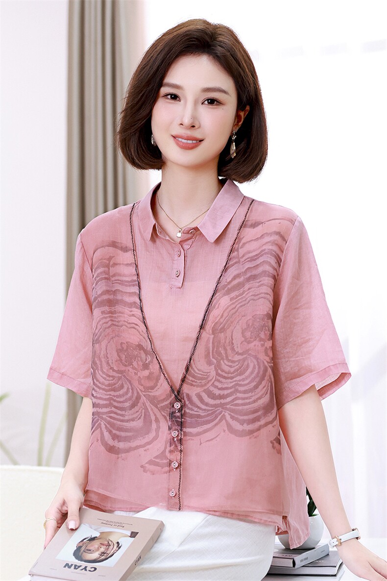 高端纯苎麻衬衫女2024新款夏季高级感中年妈妈气质假两件上衣小衫,女装衬衫,叶笙衣