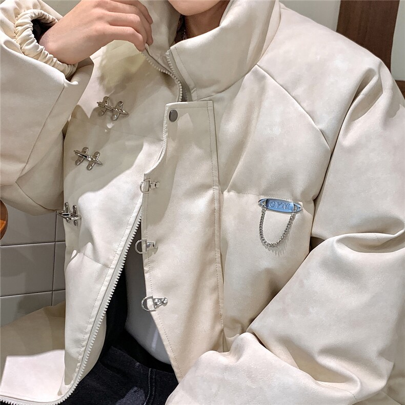 港风立领PU皮复古做旧面料金属飞机扣设计棉衣男MY77726P148控198图片