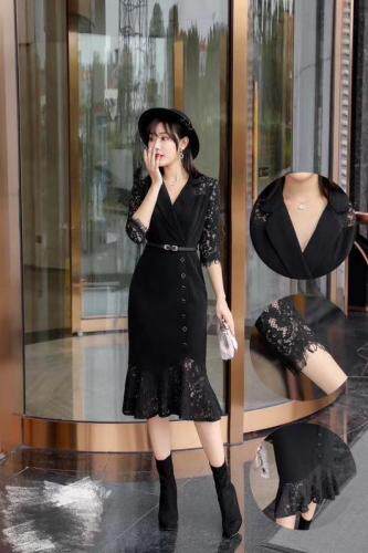 2021新款春装，雪纺连衣裙拼接雷丝修身，女装连衣裙，时尚名门