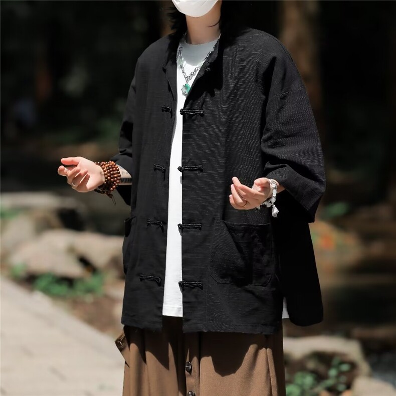 新中式男装中山装男女同款麻棉风复古中袖衬衣唐装C4538，男装民族服装，星座1116A-1（原606A）