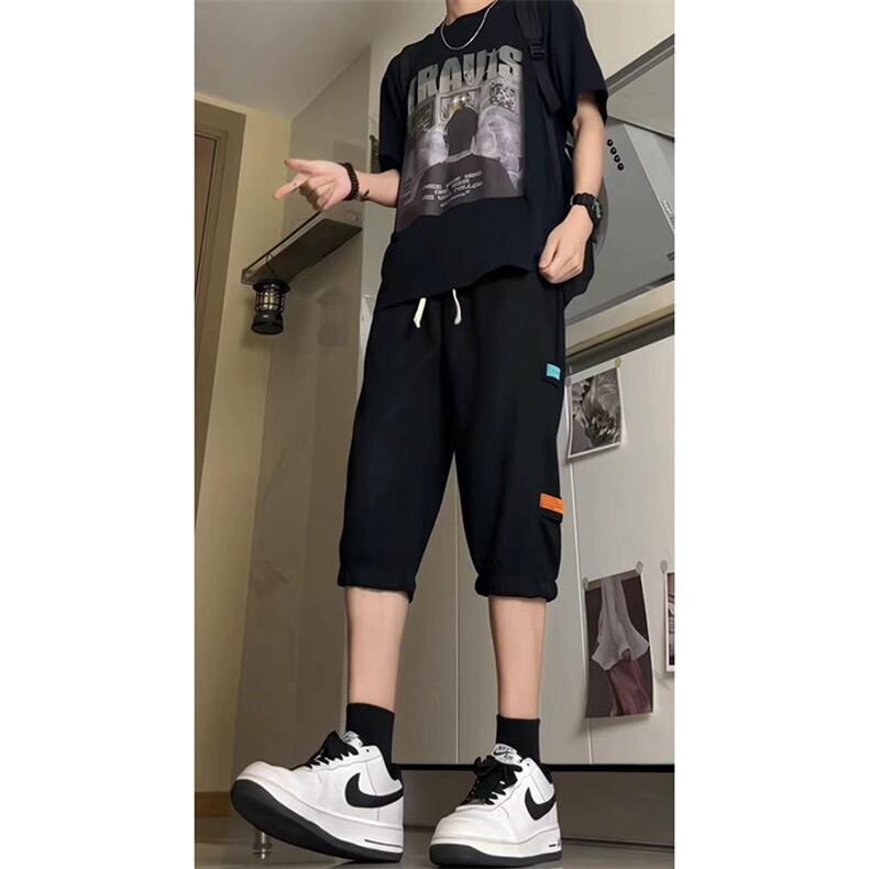抖音品质）夏季高街宽松束脚华夫格七分运动裤货号QF25,女装休闲裤,电商A063