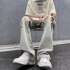 美式复古牛仔裤男新款高街裤子破洞潮牌宽松阔腿裤N0195-P43，男装牛仔裤，星座308B-2