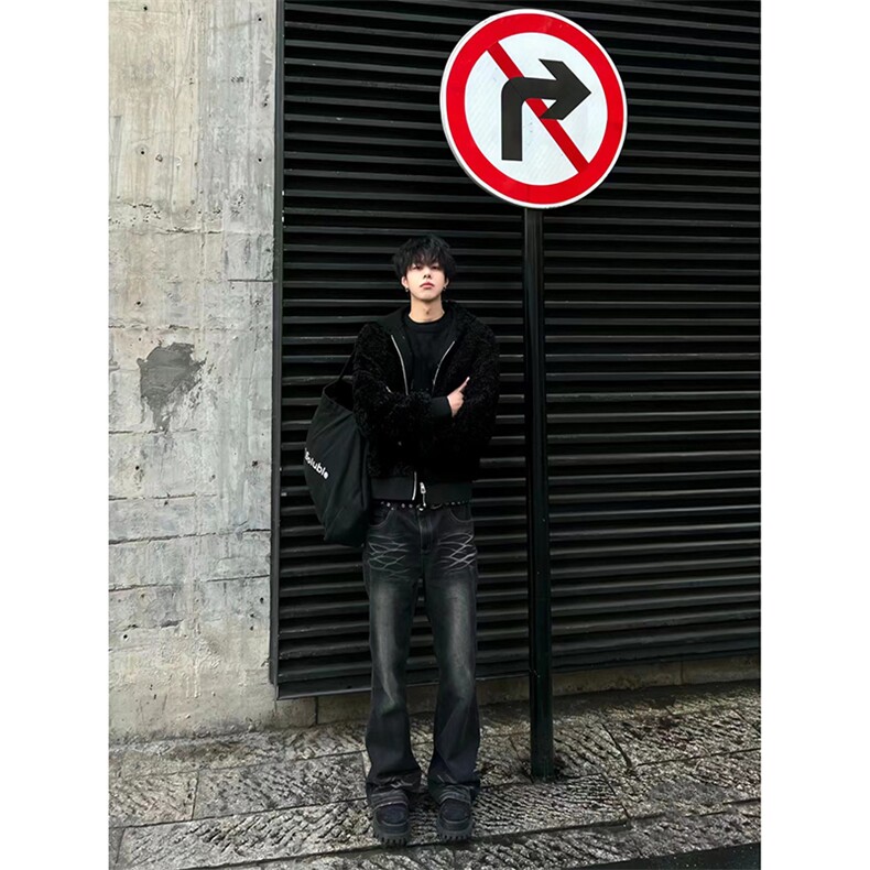 美式ins高街hiphop重工艺水洗暗黑微喇牛仔裤货号K2401P60,男装牛仔裤,电商A063