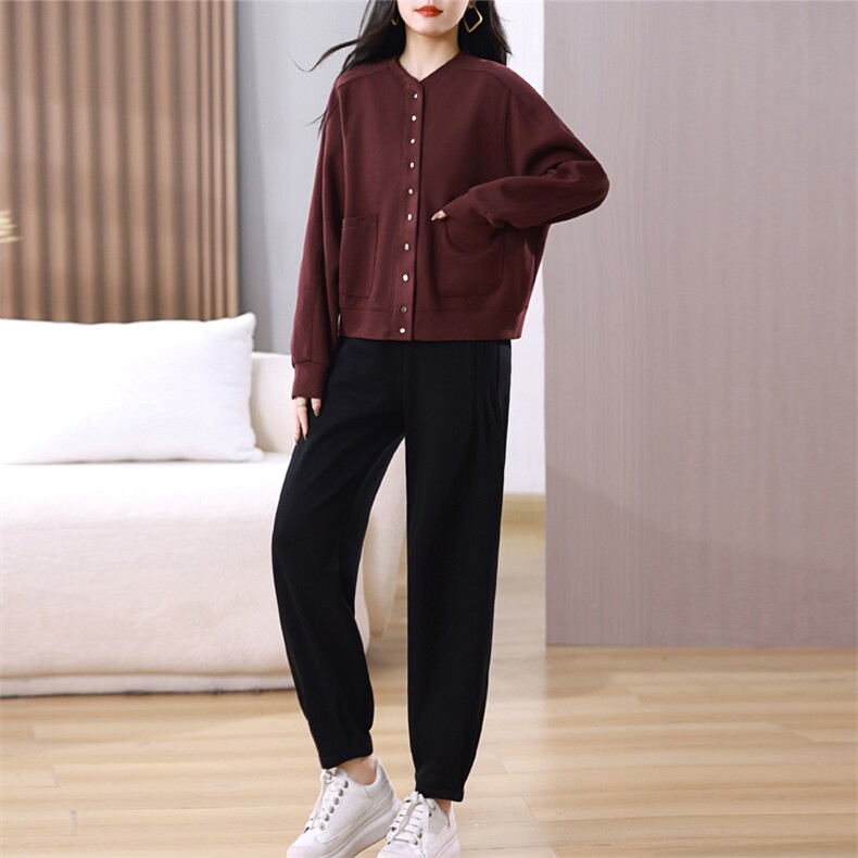 新款春秋时尚两件套装女休闲宽松棒球服开衫哈伦裤中老年妈妈装潮,女装套装/套裙,璐依舞