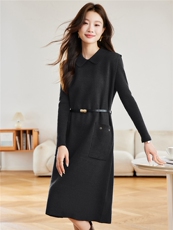 2025新款翻领针织连衣裙两件套女秋冬中长款收腰显瘦高级感气质裙，女装羊毛衫，艾米