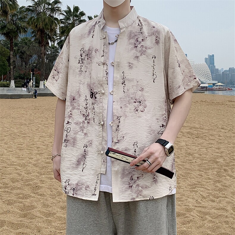 盘扣短袖衬衫男士夏季复古唐装新中式风衬衣7011P40,男装衬衫,电商A056