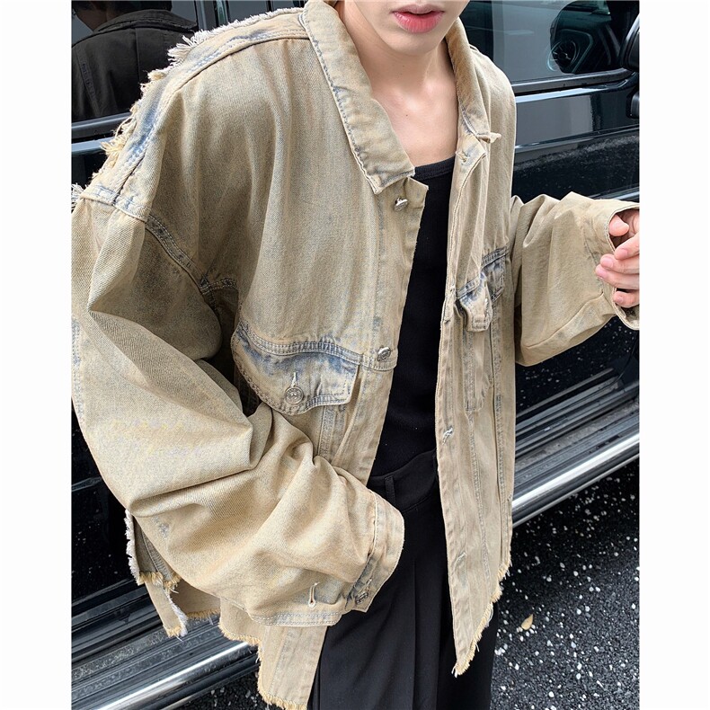 美式黄泥色短款牛仔夹克重工废土风宽松痞帅vintage外套W5987-P62，男装夹克，星座412-3
