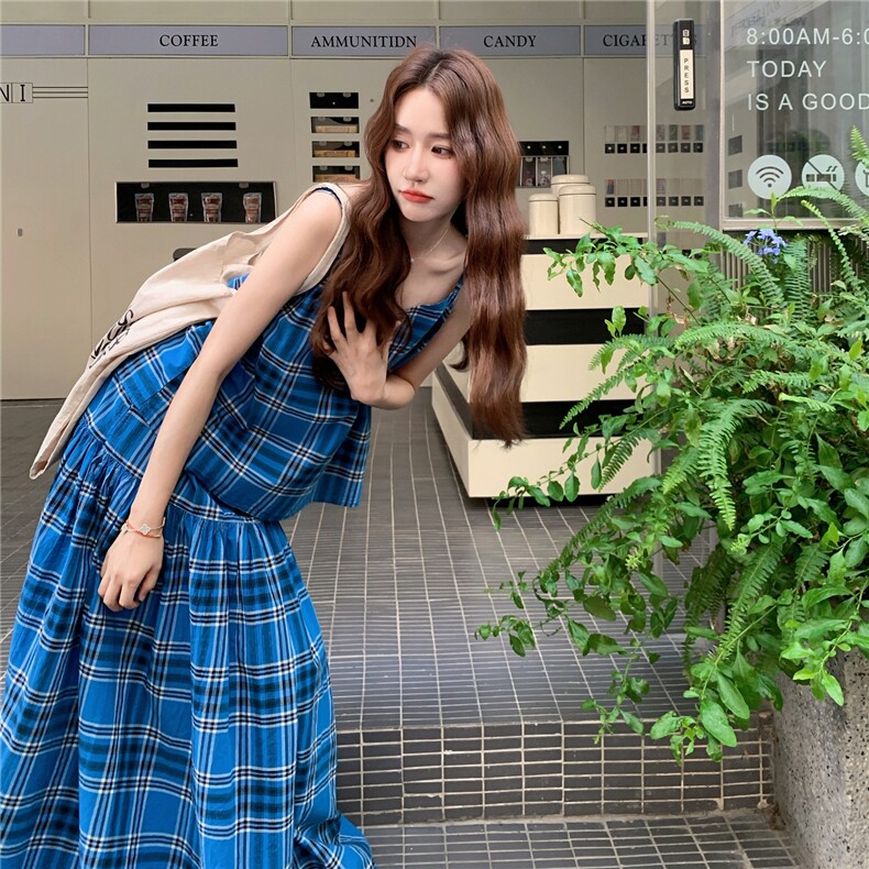 【新款】蓝色格纹吊带+半身裙套装2D145-Y2514-P165-控248,女装套装/套裙,2D145