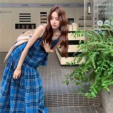 【新款】蓝色格纹吊带+半身裙套装2D145-Y2514-P165-控248，女装套装/套裙，2D145