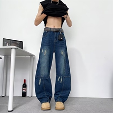 美式复古廓形弯刀牛仔裤男女宽松小众设计感立体剪裁裤子，男装牛仔裤，四季星座505