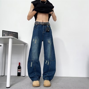 美式复古廓形弯刀牛仔裤男女宽松小众设计感立体剪裁裤子图片