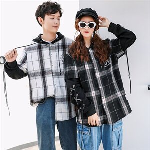 709-C809-P75 2021春秋季新款 情侣连帽宽松休闲格子衬衫外套男图片