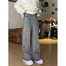 复古小狗刺绣阔腿牛仔裤女春秋新款设计感高街显瘦拖地裤N838，男装牛仔裤，星座1116A（原606A-3）