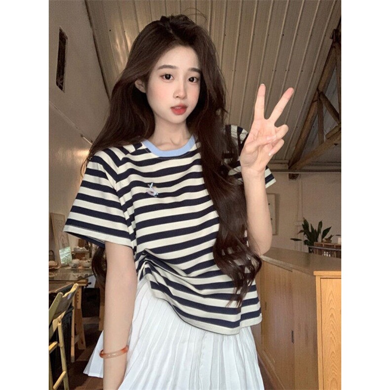 TT059-P40短袖t恤2025潮流条纹刺绣花正肩修身短款圆领上衣韩版，男装T恤，星座911-3