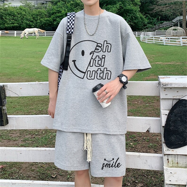 电商DSA028-TZDTH2213-P50夏季华夫格套装男T恤短裤两件套港风,男装休闲套装,电商A028