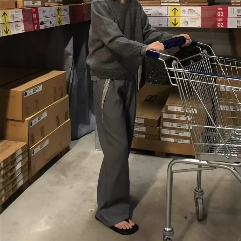 小众高级感高智百搭cleanfit阔腿休闲裤男千鸟格拼接直筒宽松西裤,男装西裤,四季星座505