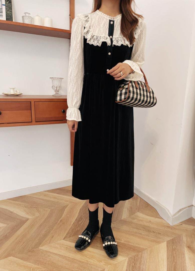 丝绒拼接蕾丝。显瘦哦～，其它，德咔俪