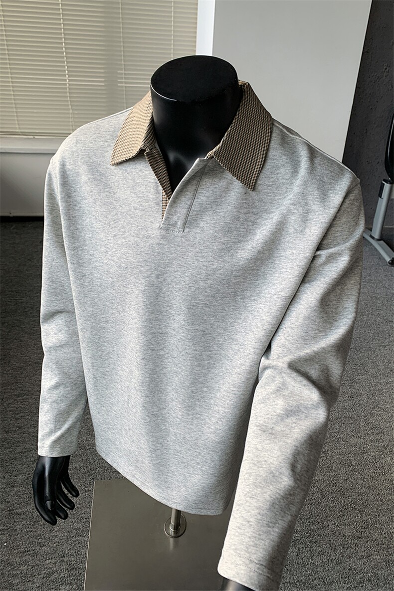 千鸟格翻领内搭春装长袖t恤潮男装polo衫老钱风卫衣外套S503特28,男装T恤,电商A233-1
