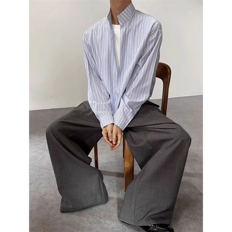BN23-P50美式复古不规则立领假两件长袖衬衣男女设计感休闲宽松,男装T恤,电商B323A