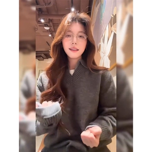 重磅北极绒假两件衬衫领毛衣美式高街复古休闲慵懒纯色翻领针织衫图片