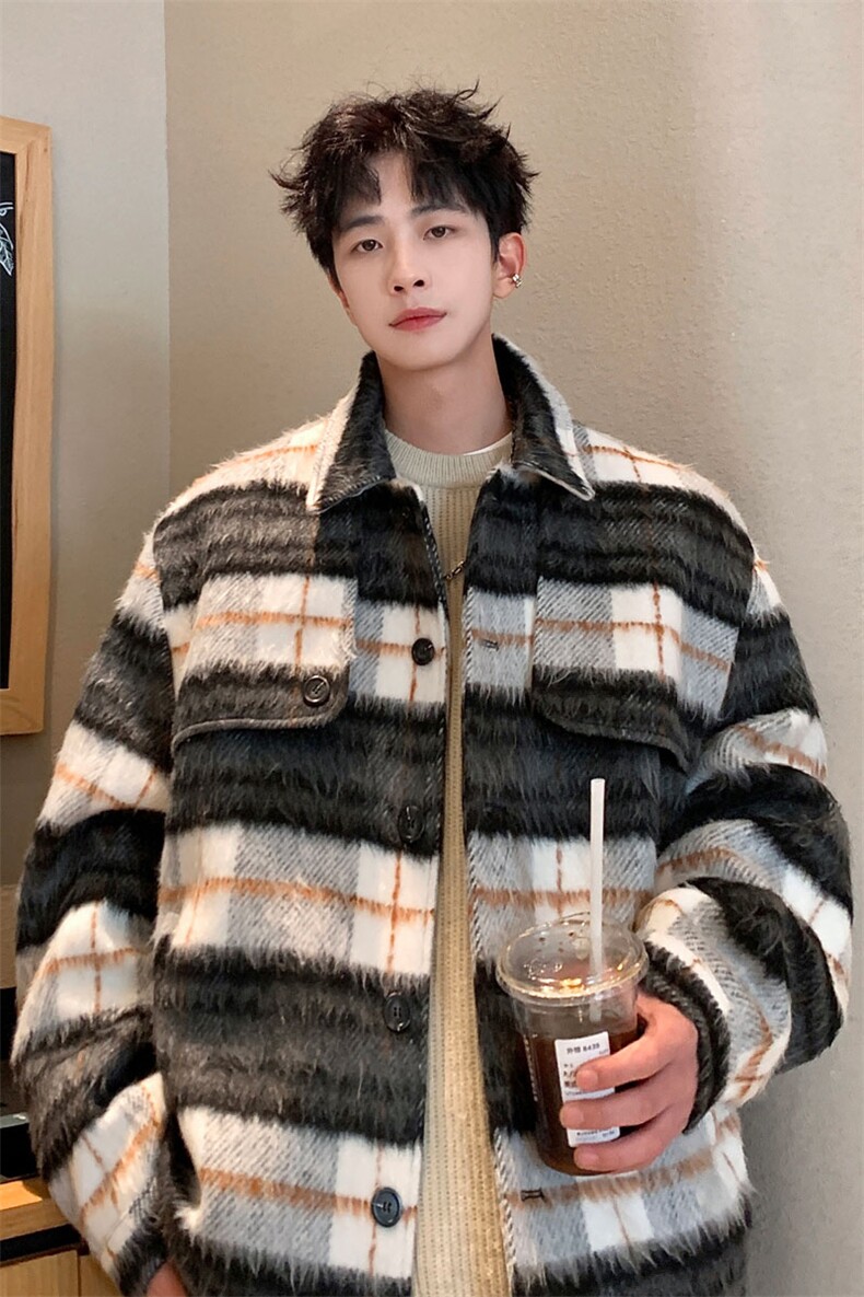 毛呢格子秋冬装外套设计感潮牌夹克小香风宽松上衣836P108,男装夹克,电商A458A