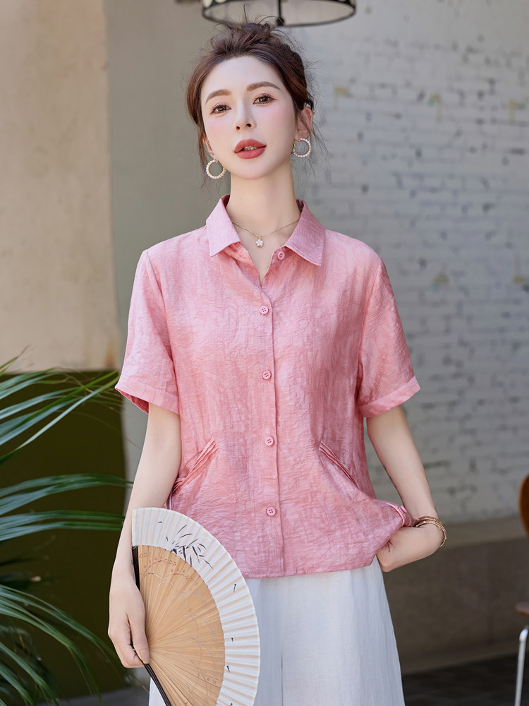 莱赛尔天丝提花短袖衬衫女2025夏季新款气质翻领洋气减龄小衫上衣,女装衬衫,余墨
