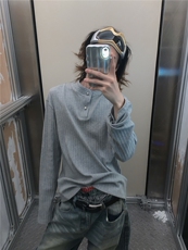 网图美式复古秋季新款亨利领简约长袖肌理线条感休闲T恤男P38，男装T恤，电商C306-1