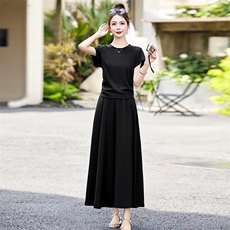 高级感慵懒风韩版圆领短袖连衣裙套装2024夏季收腰显瘦灰色长裙子，女装套装/套裙，蓝诺裳