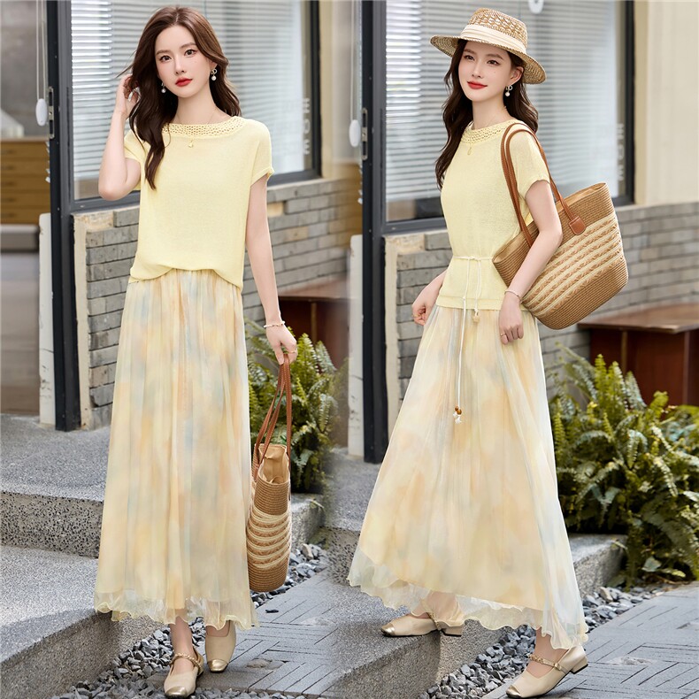 2026夏季韩版针织上衣半身纱裙两件套，女装连衣裙，鑫鑫美