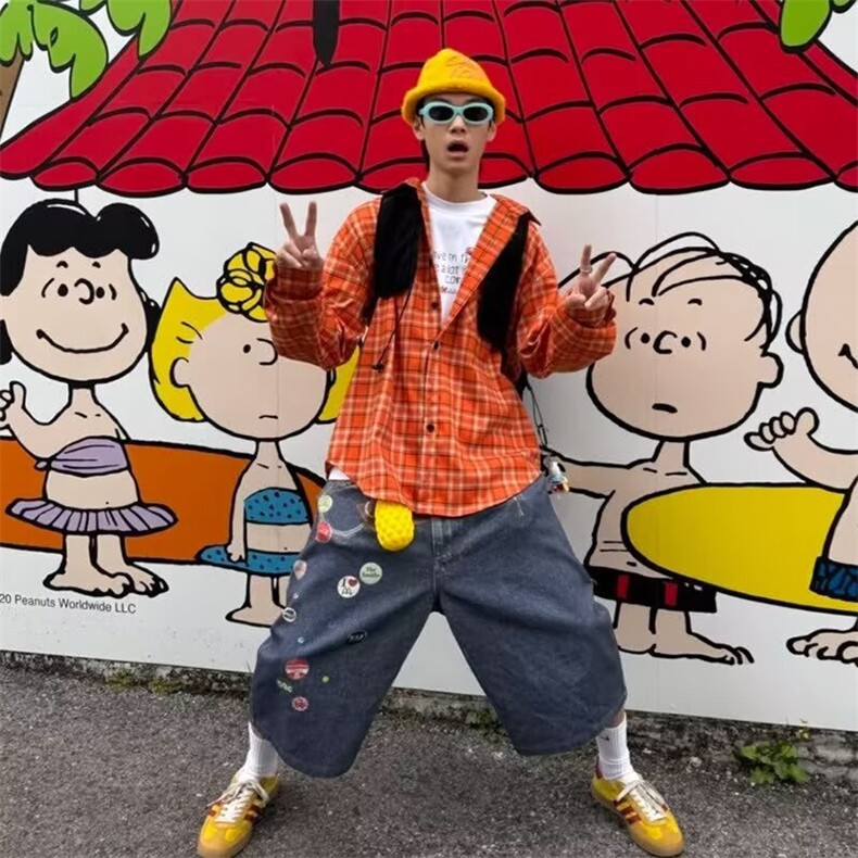1506/Q52620/P35美式复古橙色格纹短袖衬衫男女新款情侣衬衣,男装T恤,星座1506