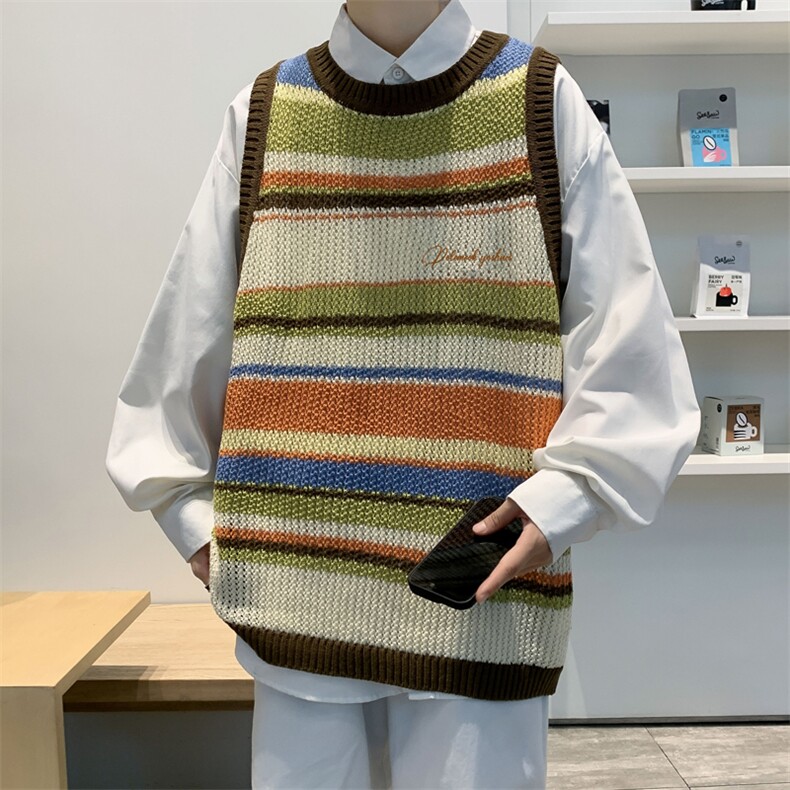 高品质秋款男圆领套头毛衣条纹拼接针织衫背心渐变色外套M09P40,男装针织衫/毛衣,星座1013-1