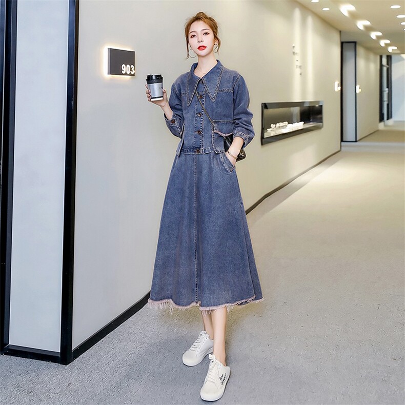 牛仔半身裙气质潮流韩版显瘦外套2021年两件套,女装套装/套裙,秋水欣儿