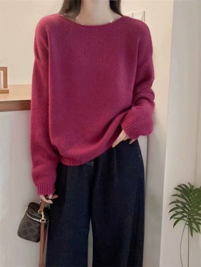 撞色圆领宽松慵懒针织衫上衣厚毛衣女秋冬针织,针织衫/毛衣,春贝羊绒