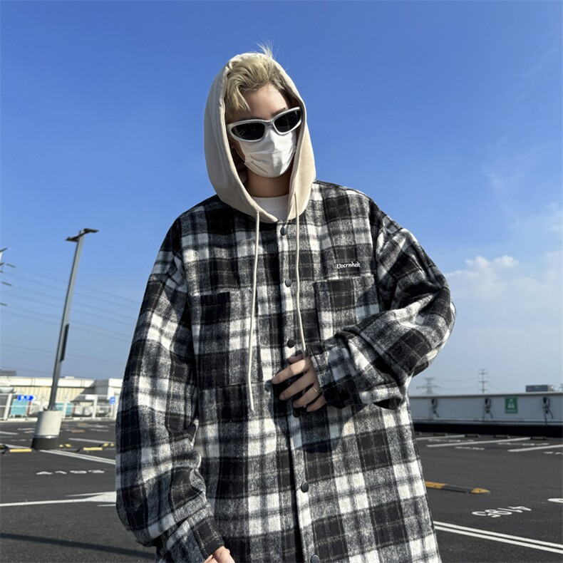 格子连帽长袖衬新款美式复古潮牌宽松呢料衬衣外套C29-P58图片