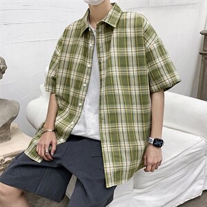 21年夏季短袖衬衫男宽松落肩港风格子衬衫男DS-C407-CS309-P35图片
