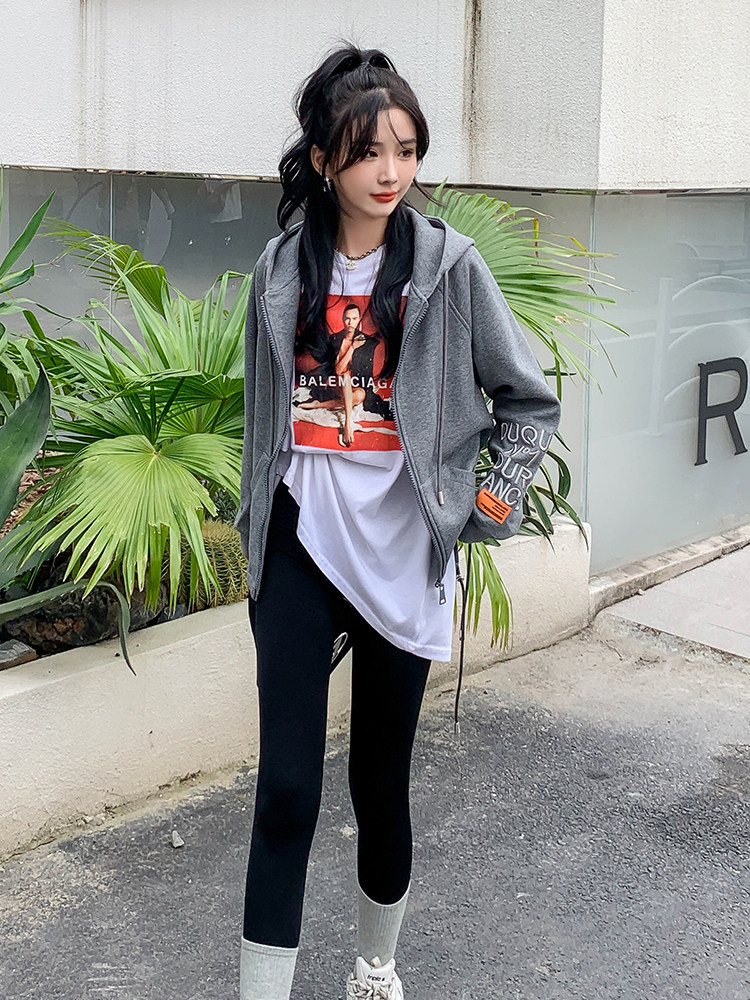 开衫卫衣拉链外套女2024春季新款韩版慵懒风连帽宽松大码外套女,女装短外套,MQ