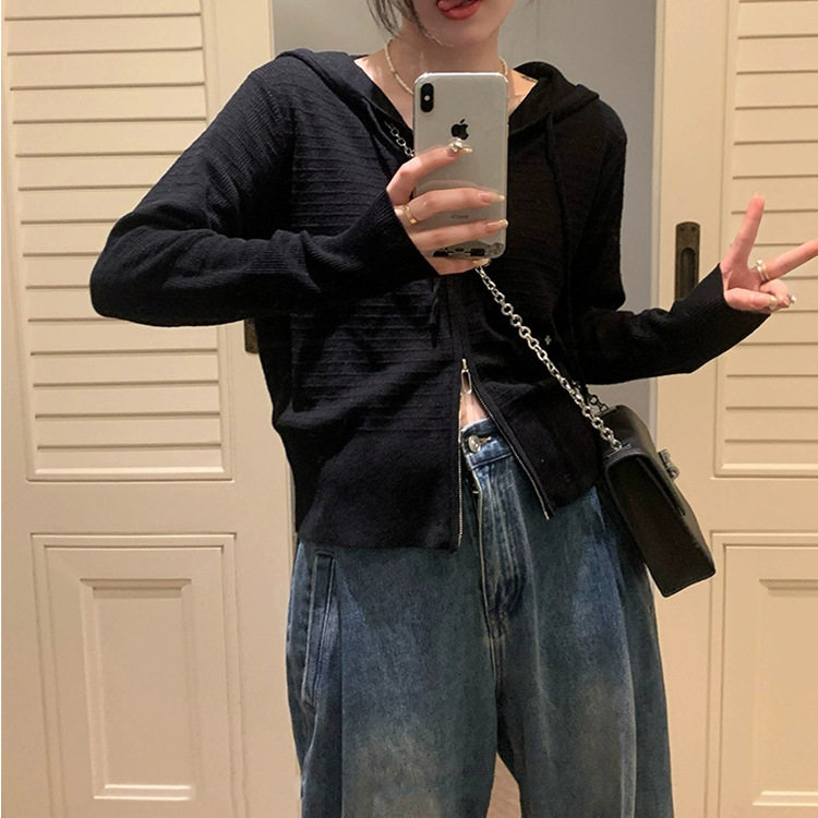 时尚优雅女士羊毛连帽拉链开衫百搭显瘦气质外套,女装羊毛衫,圣旺供货