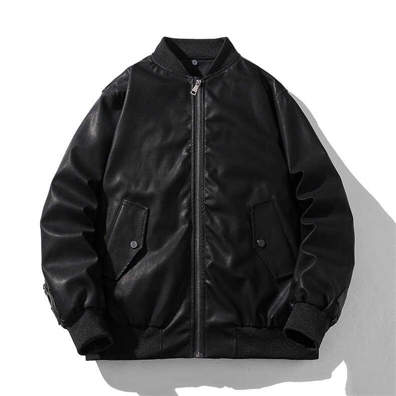 现货黑色PU皮棒球服外套秋冬棉服带帽可拆卸,男装棉衣,电商A105