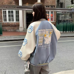 小清新蓝色棒球服外套女春秋百搭宽松学生撞色拼接甜酷夹克上衣图片