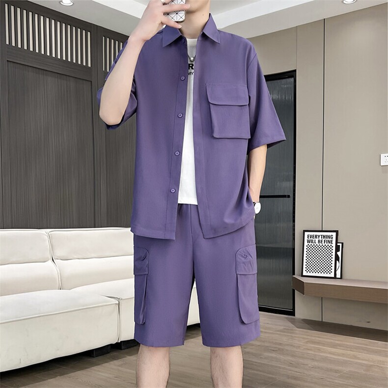 DT253-P75 2025夏季冰丝薄款短袖衬衫短裤两件套图片