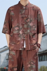 2025夏季新款风男装盘扣新中式唐装荷花印花衬衫C110-P50，男装衬衫，电商B277(原6028)