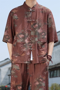 2025夏季新款风男装盘扣新中式唐装荷花印花衬衫 C110-P50图片