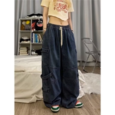 酷拽少女潮美式复古牛仔裤直筒宽松阔腿裤街舞嘻哈工装蓝色长，男装牛仔裤，星座506A