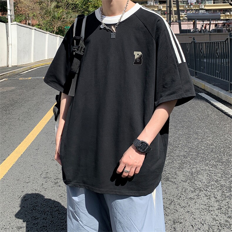 夏季美式高街重磅纯棉三条杠织带撞色男女短袖T恤ZD617-特P30,男装T恤,电商A486-1