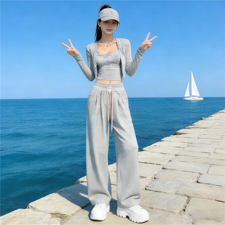 女春新款欧货时尚休闲套装修身显瘦开衫上衣内搭吊带阔腿裤三件套,女装套装/套裙,江南