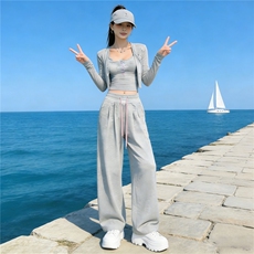 女春新款欧货时尚休闲套装修身显瘦开衫上衣内搭吊带阔腿裤三件套，女装套装/套裙，江南
